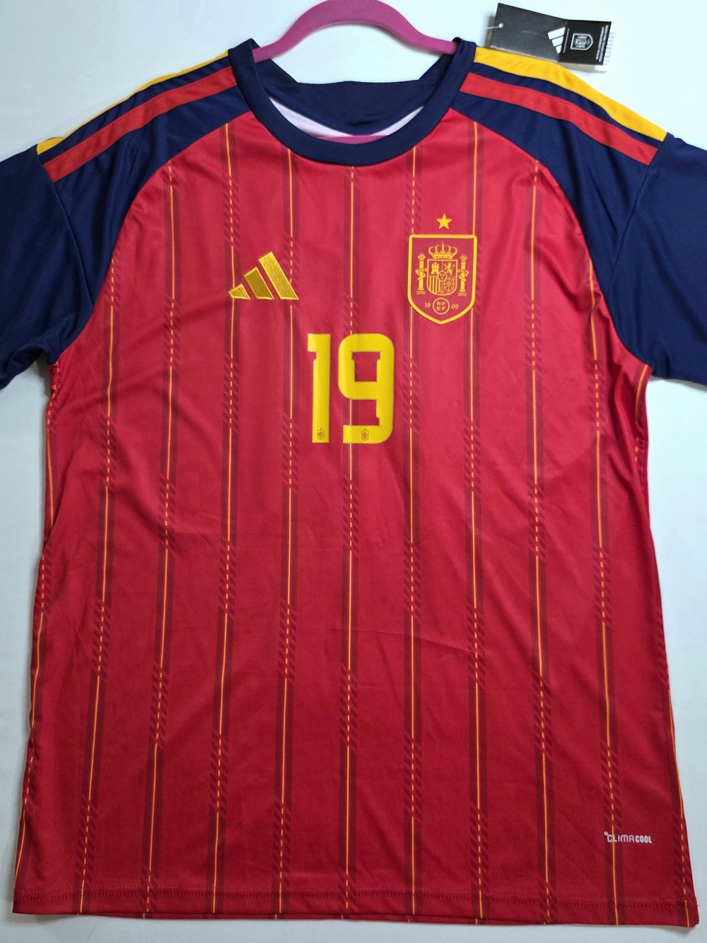 Adidas Men's Spain National Team Number 19 Soccer Jersey - Red & Navy-Size 2XL